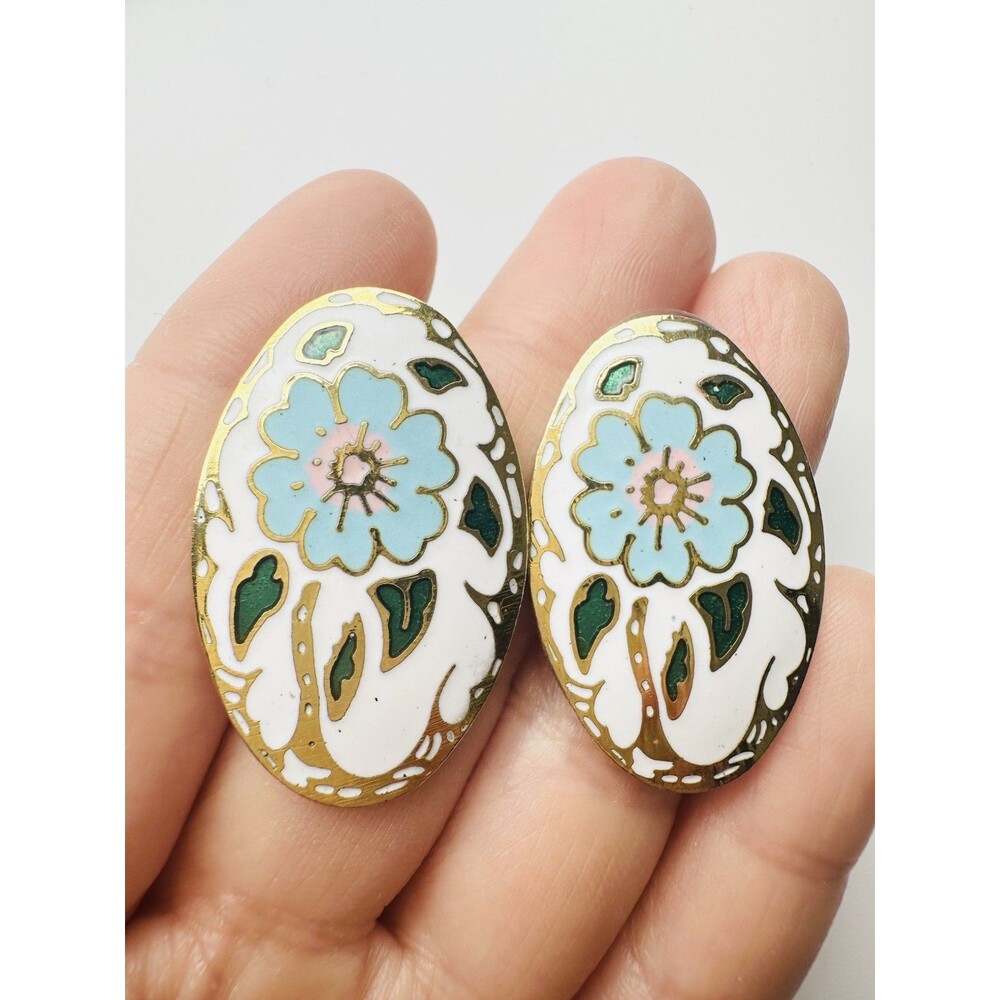 Vintage Cloisonné Floral Post Earrings Oval Gold Tone